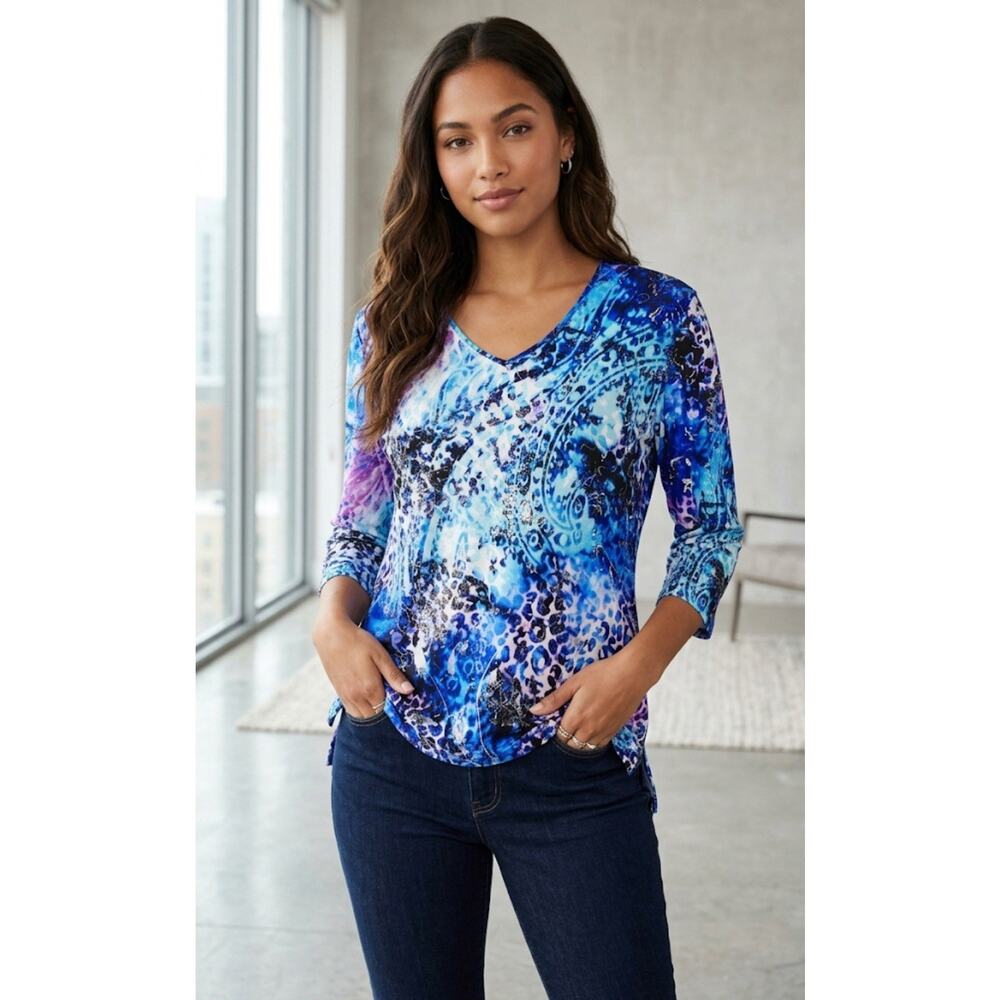 Allison Daley Top Blue Purple Animal Print V-Neck 3/4 Sleeve Blouse Size Large